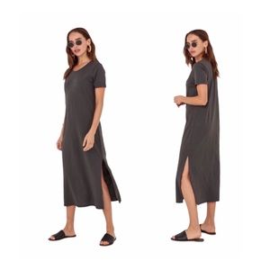 MATE the Label Dana Midi Dress Charcoal Gray Side Slit Day Dress